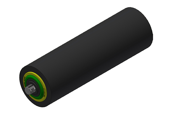 A cylindrical black HDPE Composite Conveyor Idler with a core bearing. A cylindrical black HDPE Composite Conveyor Idler with a core bearing.