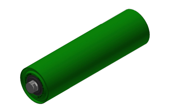 A 3D rendering of a green cylindrical steel conveyor idler, viewed from an angle with a visible metal terminal end. A 3D rendering of a green cylindrical steel conveyor idler, viewed from an angle with a visible metal terminal end.