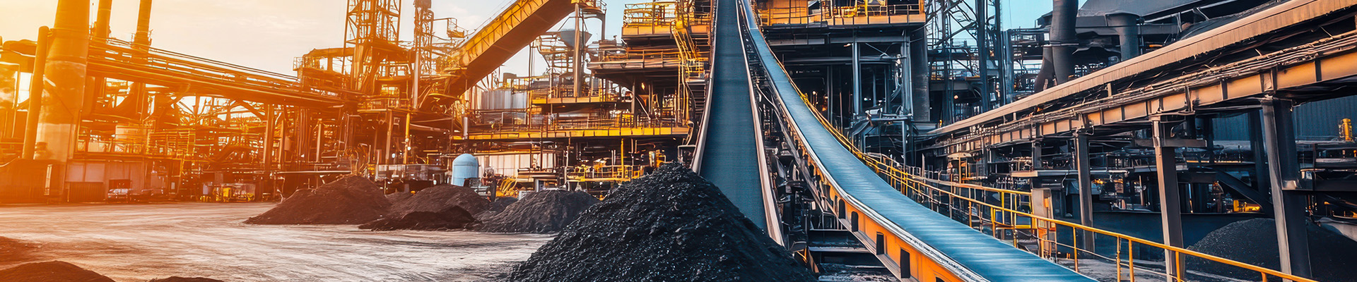 A bustling industrial facility with smokestacks, conveyor belts, and large machinery. Piles of coal are visible in the foreground, with structures extending into the distance. The scene shows activity typical of a large-scale manufacturing or processing plant.
