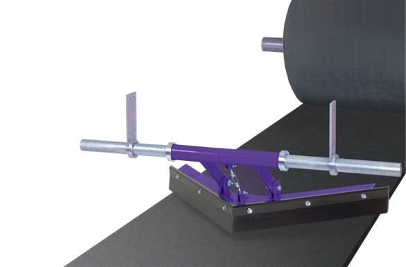 A Flexco Vplow on a conveyor system with a white background.